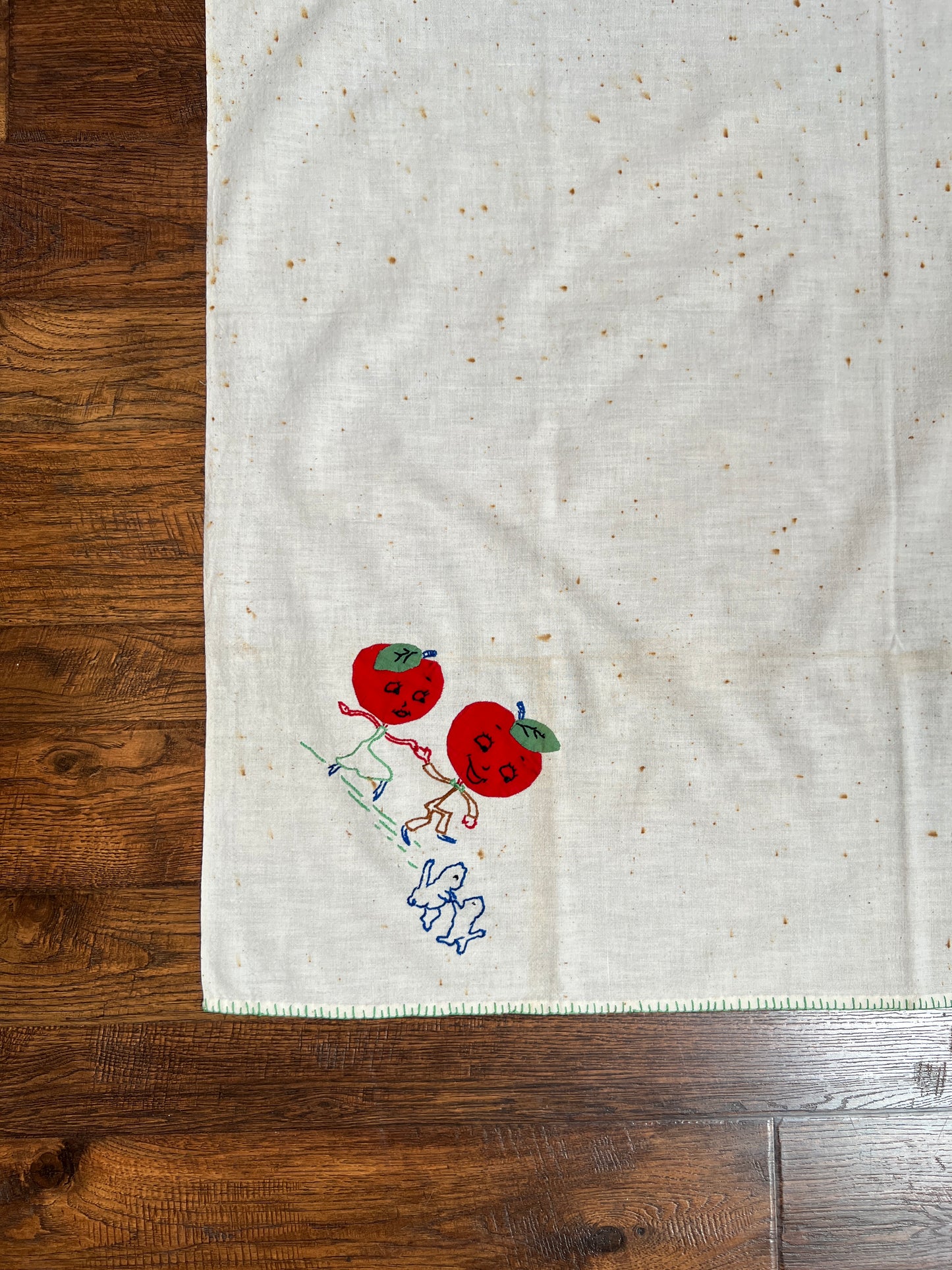 Vintage Linens - Square Tablecloth - Anthropomorphic Apple People - 36” X 35”