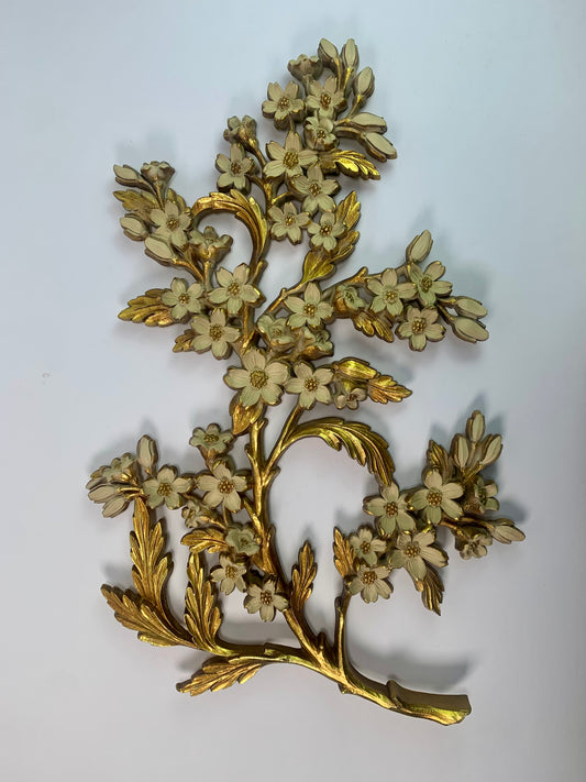 Vintage Wall Decor - Wall Plaque - Gold and White Flowering Dogwood Branch - Syroco - 1967