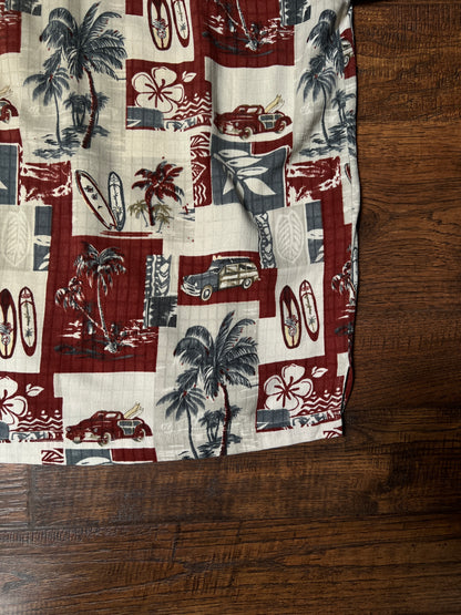 Vintage Paradise Blue Silk Rayon Shirt – Hawaiian Surf Car Print – Size Large