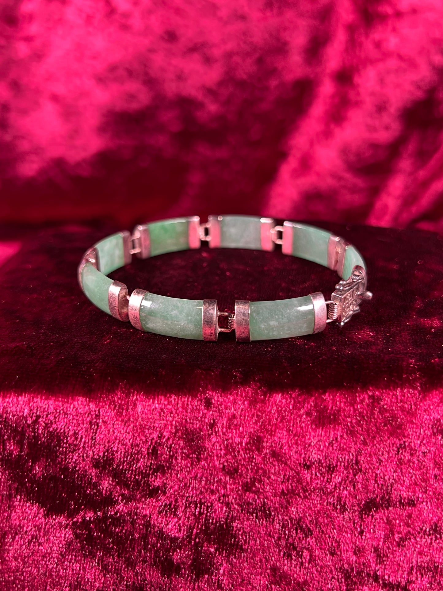 Vintage Jewelry - Link / Panel Bracelet - 925 Sterling Silver - Green Jade - 7.5"