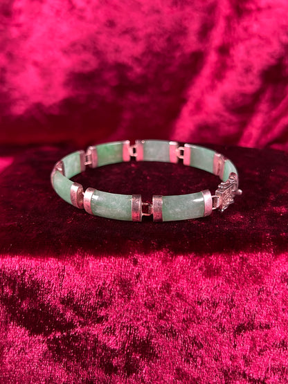 Vintage Jewelry - Link / Panel Bracelet - 925 Sterling Silver - Green Jade - 7.5"