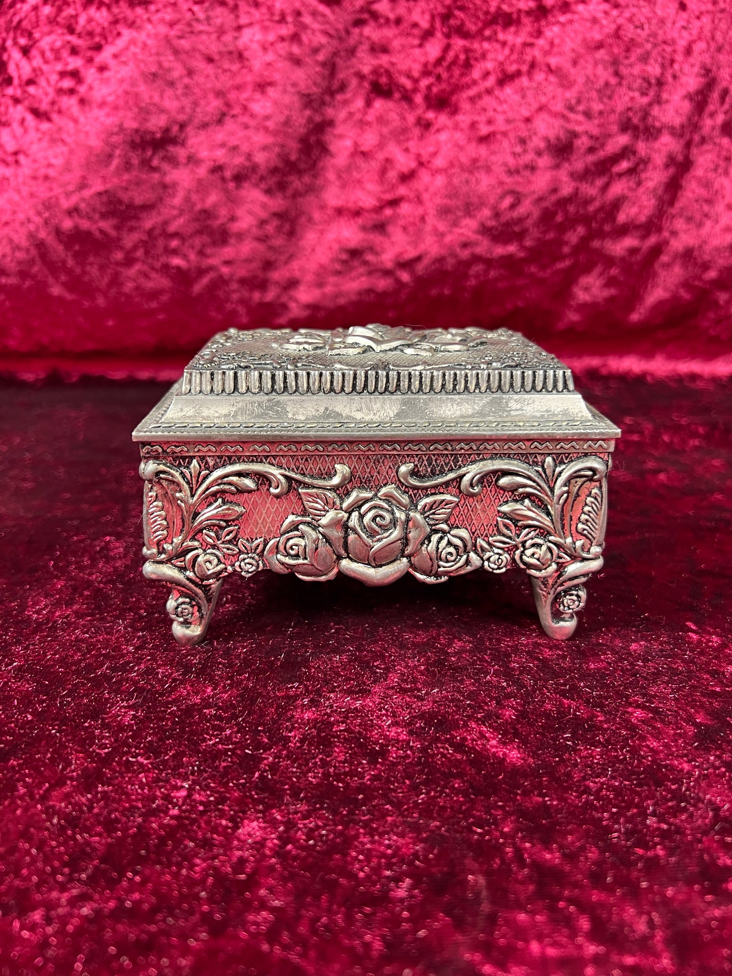 Vintage Vanity - Jewelry Box - Ornate Silver Rose Filigree - Black Velvet Lining - Footed