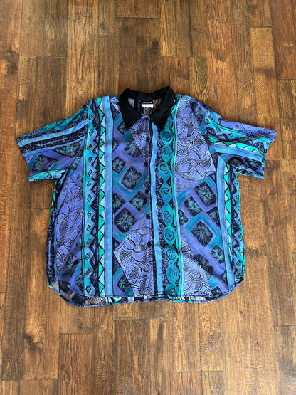 Vintage Clothing - Button Up Shirt - Abstract Tiki Print - Cache Collection - 2XL