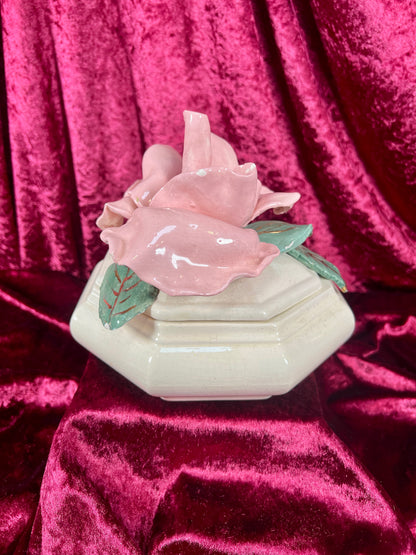 Vintage Trinket Dish - Ceramic - Giant Pink Rose - Chipped