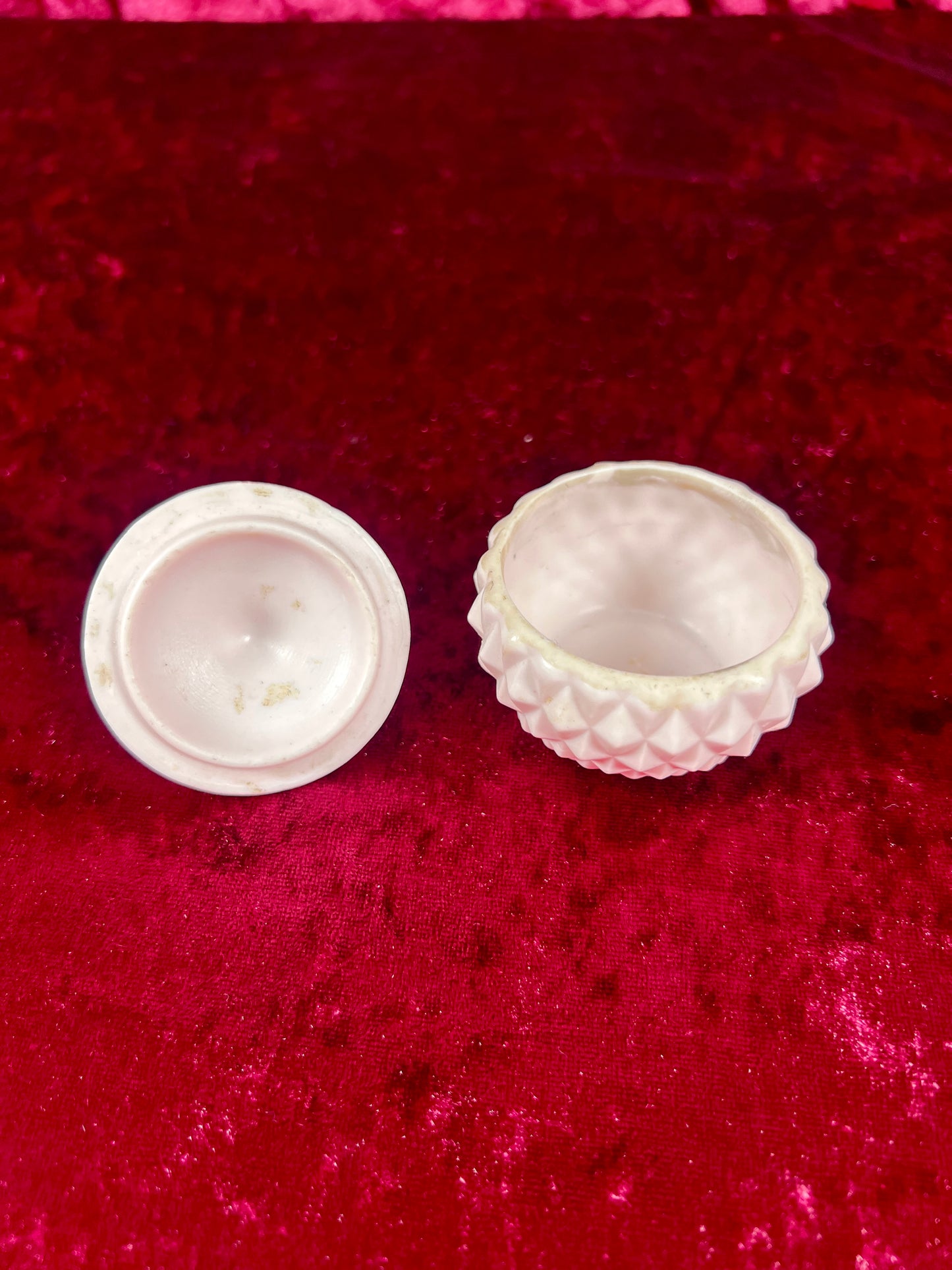 Vintage Trinket Box - Miniature Porcelain Lidded Jar - Baby Pink with Rosettes - Made In Japan