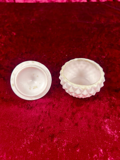 Vintage Trinket Box - Miniature Porcelain Lidded Jar - Baby Pink with Rosettes - Made In Japan