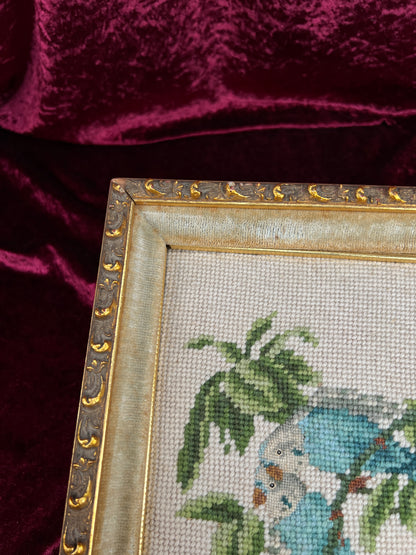 Vintage Framed Needlepoint Wall Art – Blue Parakeet Birds On A Branch