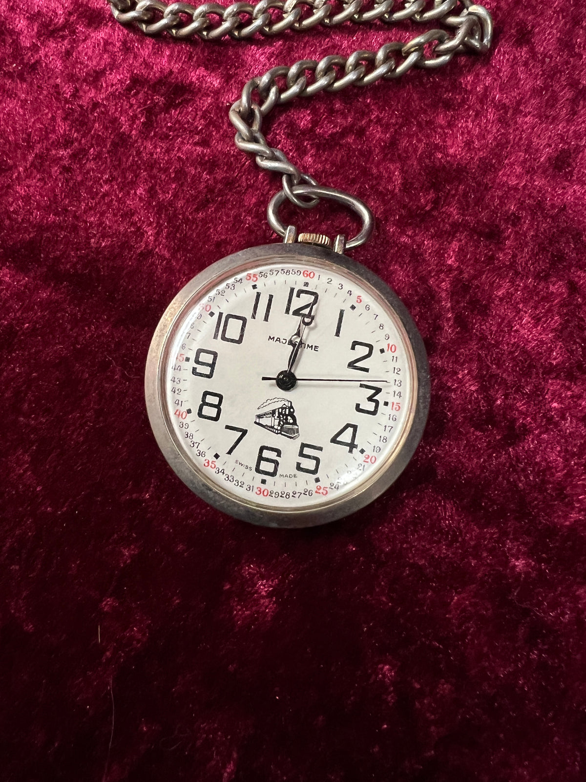 Vintage Metal Pocket Watch - Majestime Swiss Made Railroad Train with Chain