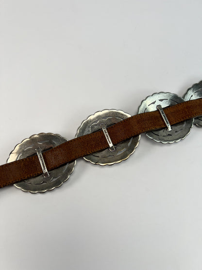 Vintage Belt - Brown Leather - Large Sunflower Concho Medallions - Brighton - 30" - Made In U.S.A.