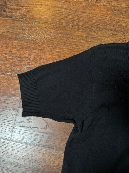 Vintage Halston Knit Cardigan - Black Floral Embroidered Short Sleeve Sweater - Small