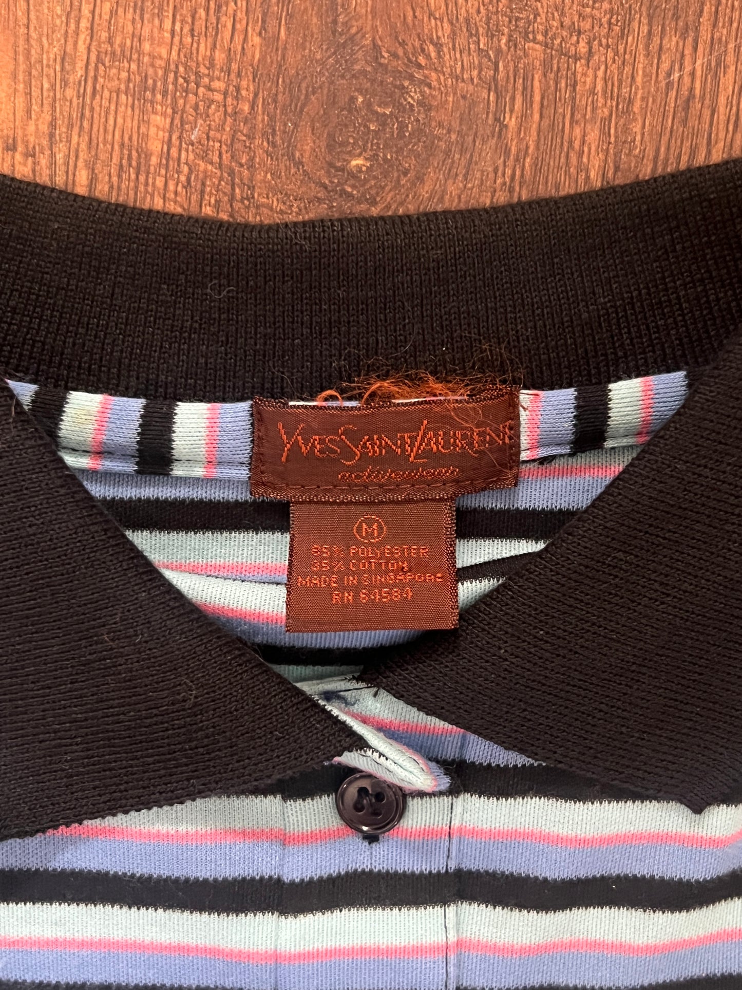 Vintage Yves Saint Laurent Striped Polo Shirt - Blue Black Short Sleeve - Medium
