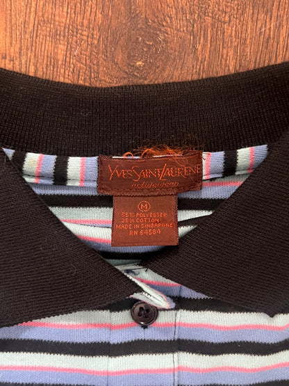 Vintage Yves Saint Laurent Striped Polo Shirt - Blue Black Short Sleeve - Medium
