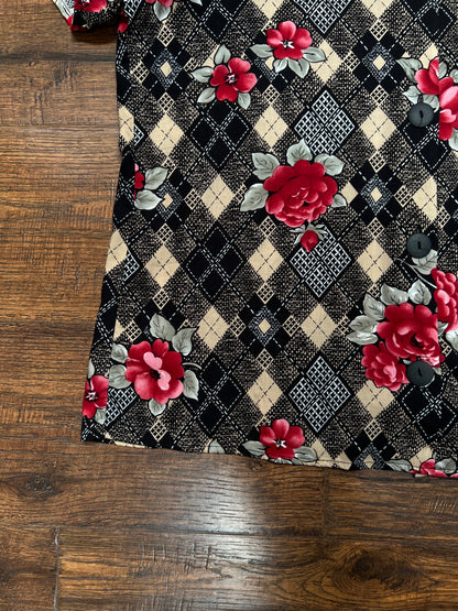 Vintage Rayon Blouse - Argyle Floral Print California Concepts - Large