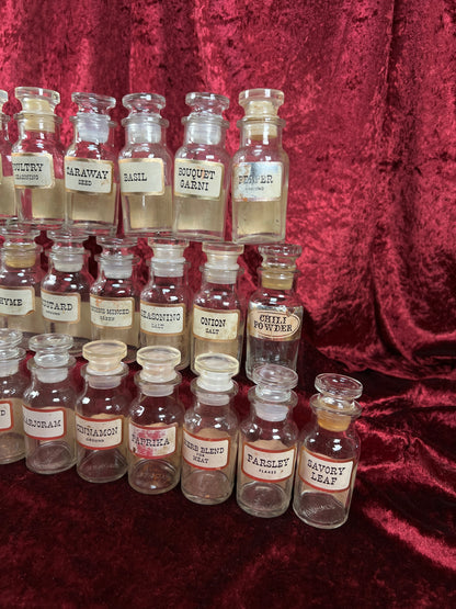 Vintage Glass Apothecary Style Spice Jar Set with Original Labels - Kitchen Collection Set