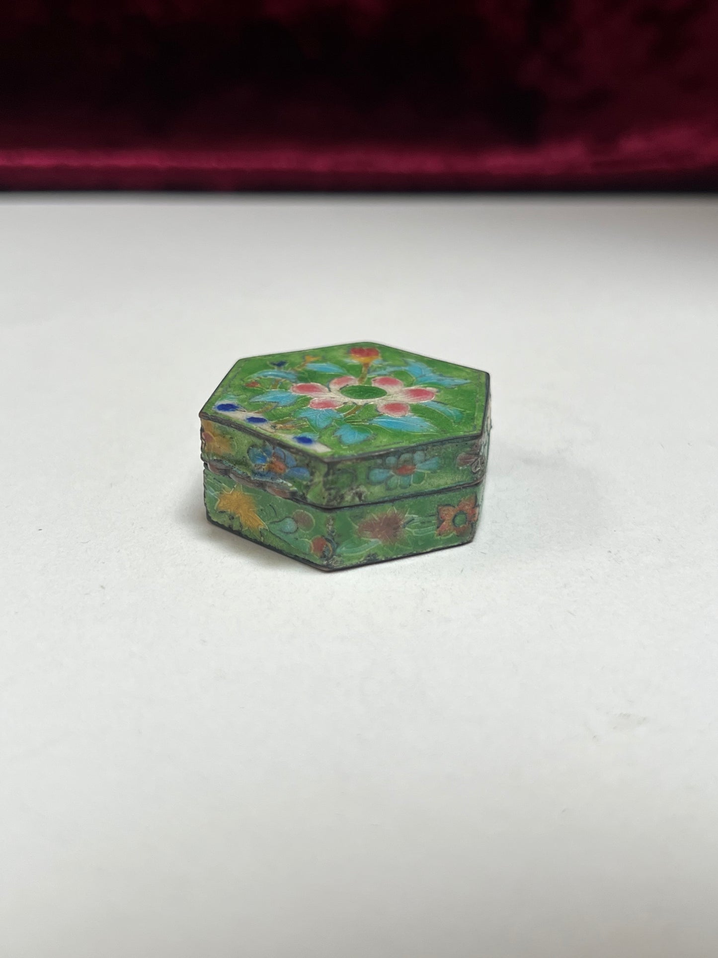 Vintage Trinket Box - Copper Cloisonne Enamel Pill Box - Bright Green Floral Design - Made in China