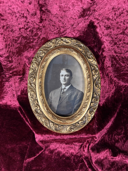 Antique Gilt Oval Portrait Frame – Black and White Haunted Photograph of A Gentleman