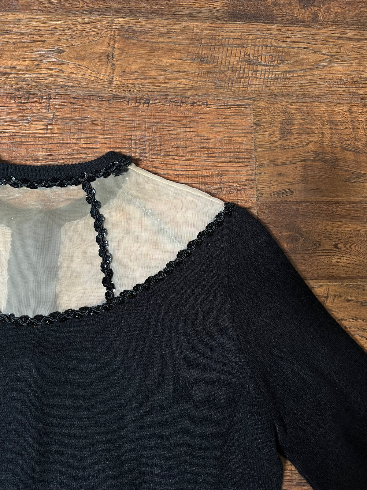 Vintage 1960s Knit Cardigan - Black Sheer Illusion Sequin Yoke with Metal Buttons - Size Medium