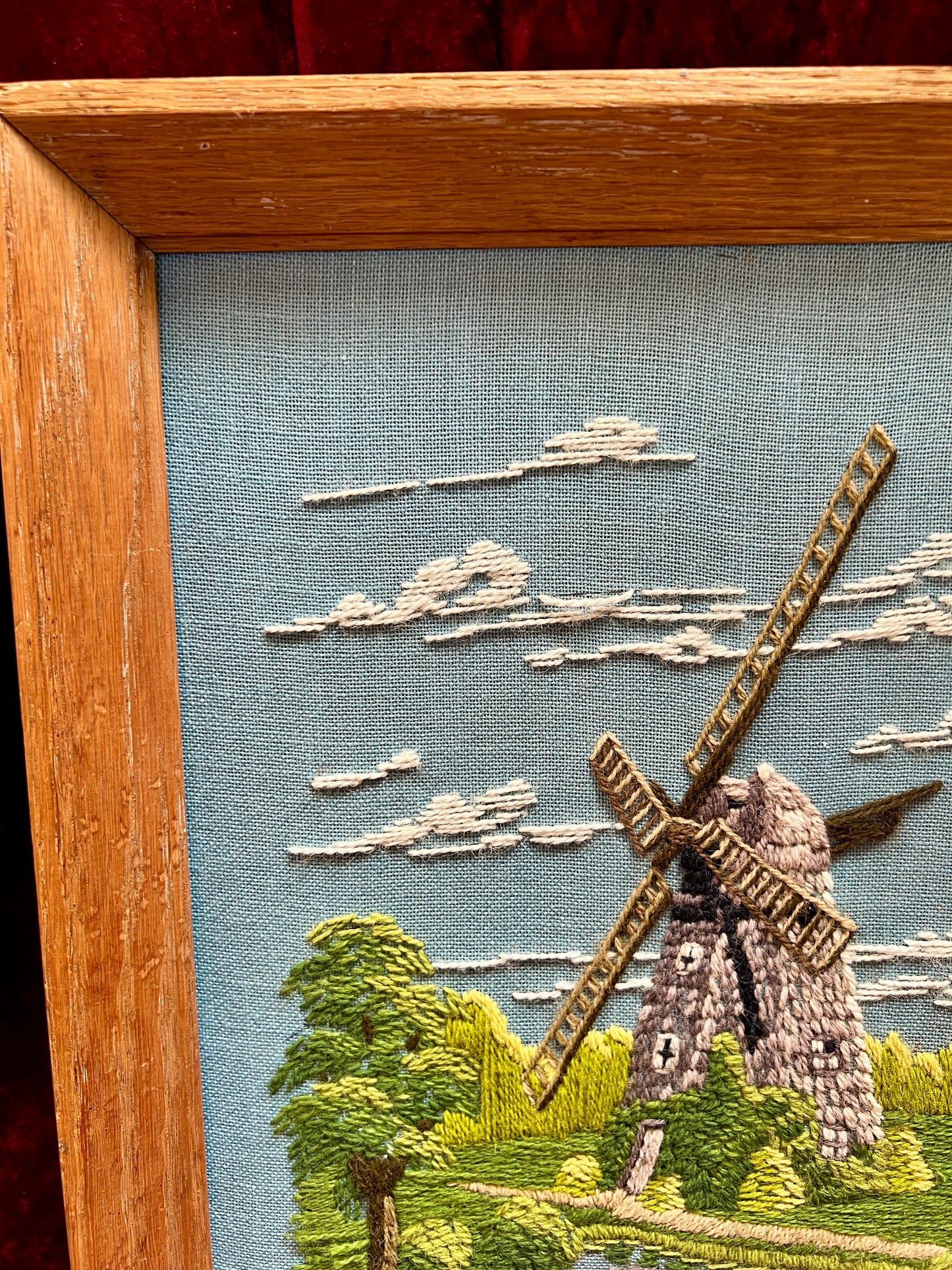 Vintage Framed Embroidery Art – Southampton Petticoat Windmill Crewel
