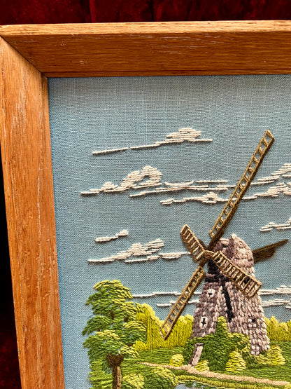 Vintage Framed Embroidery Art – Southampton Petticoat Windmill Crewel