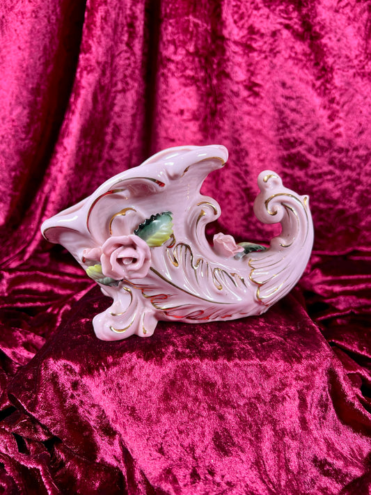 Vintage Home Decor - Porcelain Cornucopia Vase - Soft Pink with 3D Rose Applique