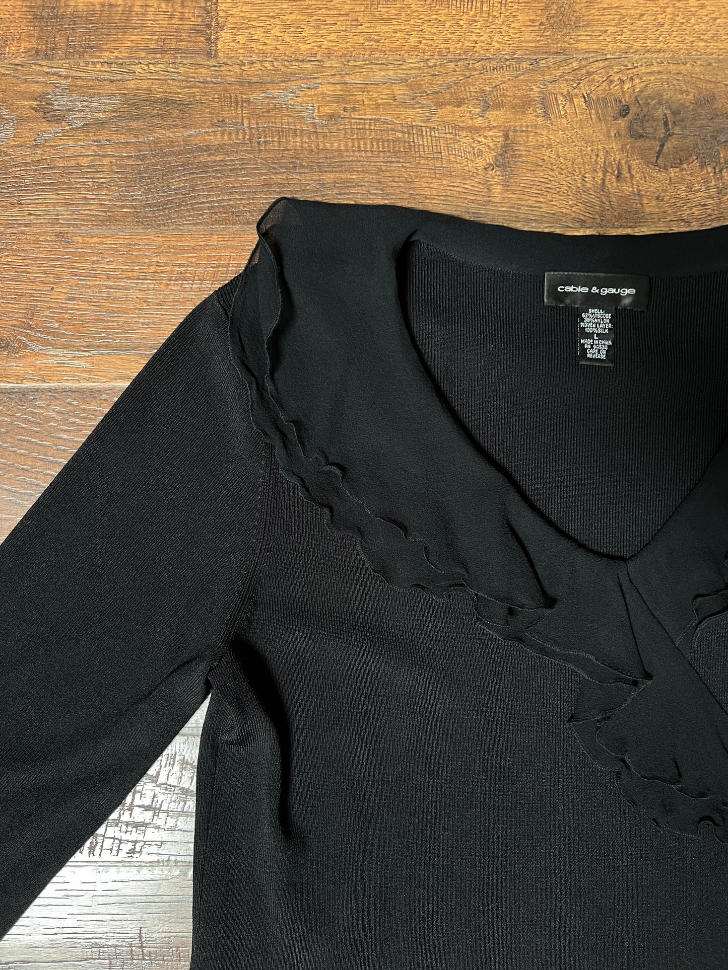 Vintage Cable & Gauge Knit Blouse - Black Ruffle Trim Wrap - Size Large