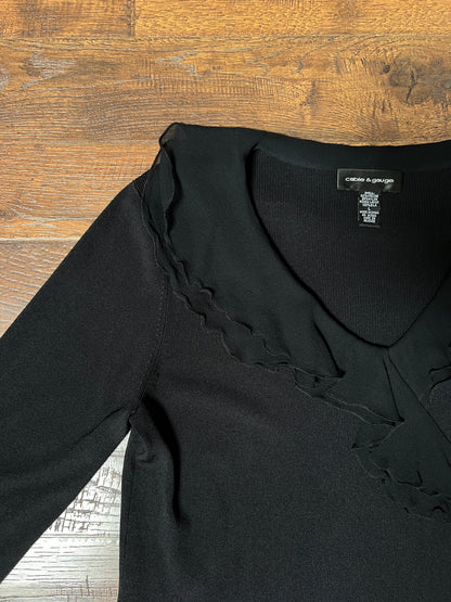 Vintage Cable & Gauge Knit Blouse - Black Ruffle Trim Wrap - Size Large