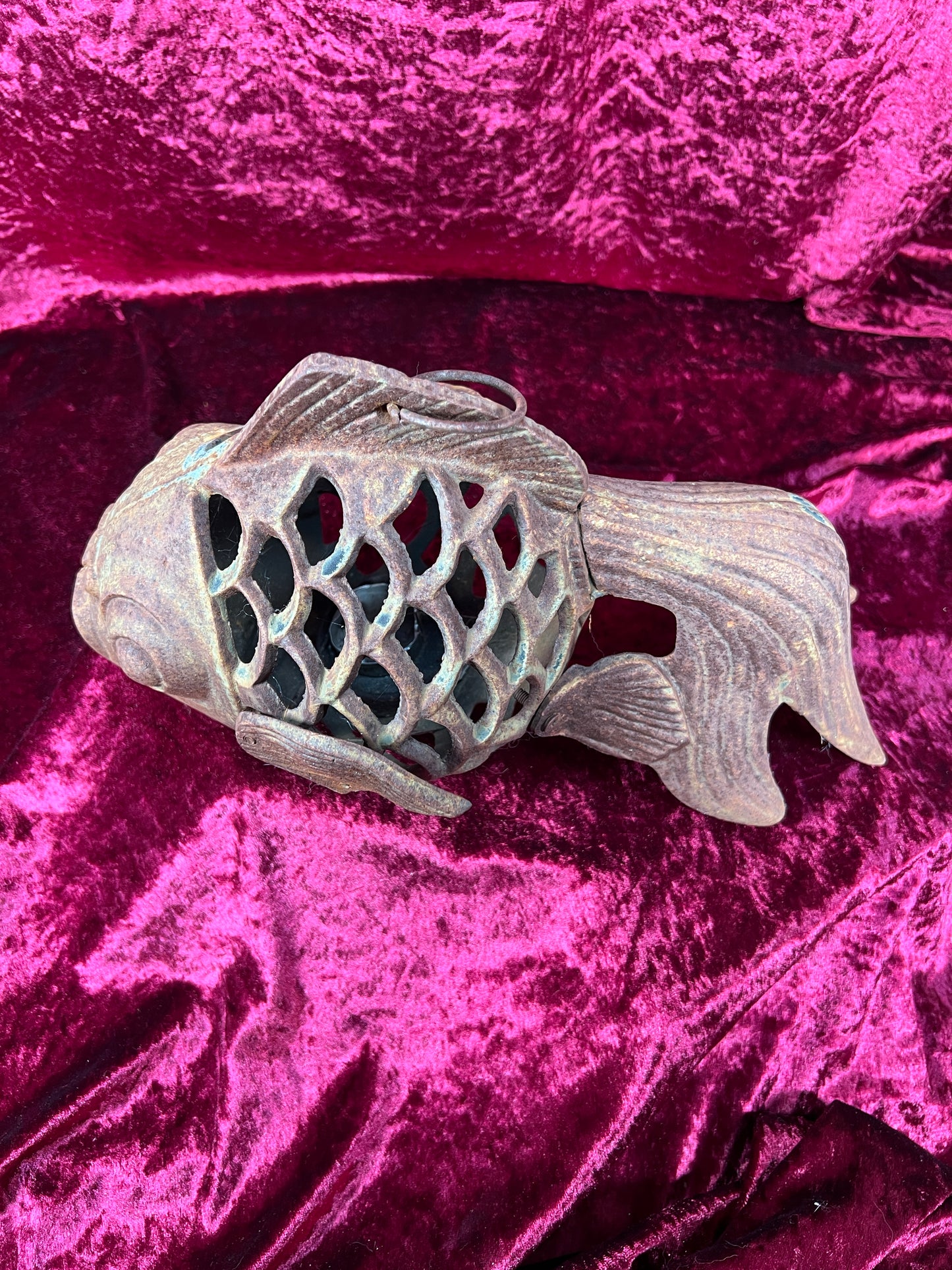 Vintage Home Decor - Hanging / Tabletop Candle Lantern - Cast Iron Koi Fish