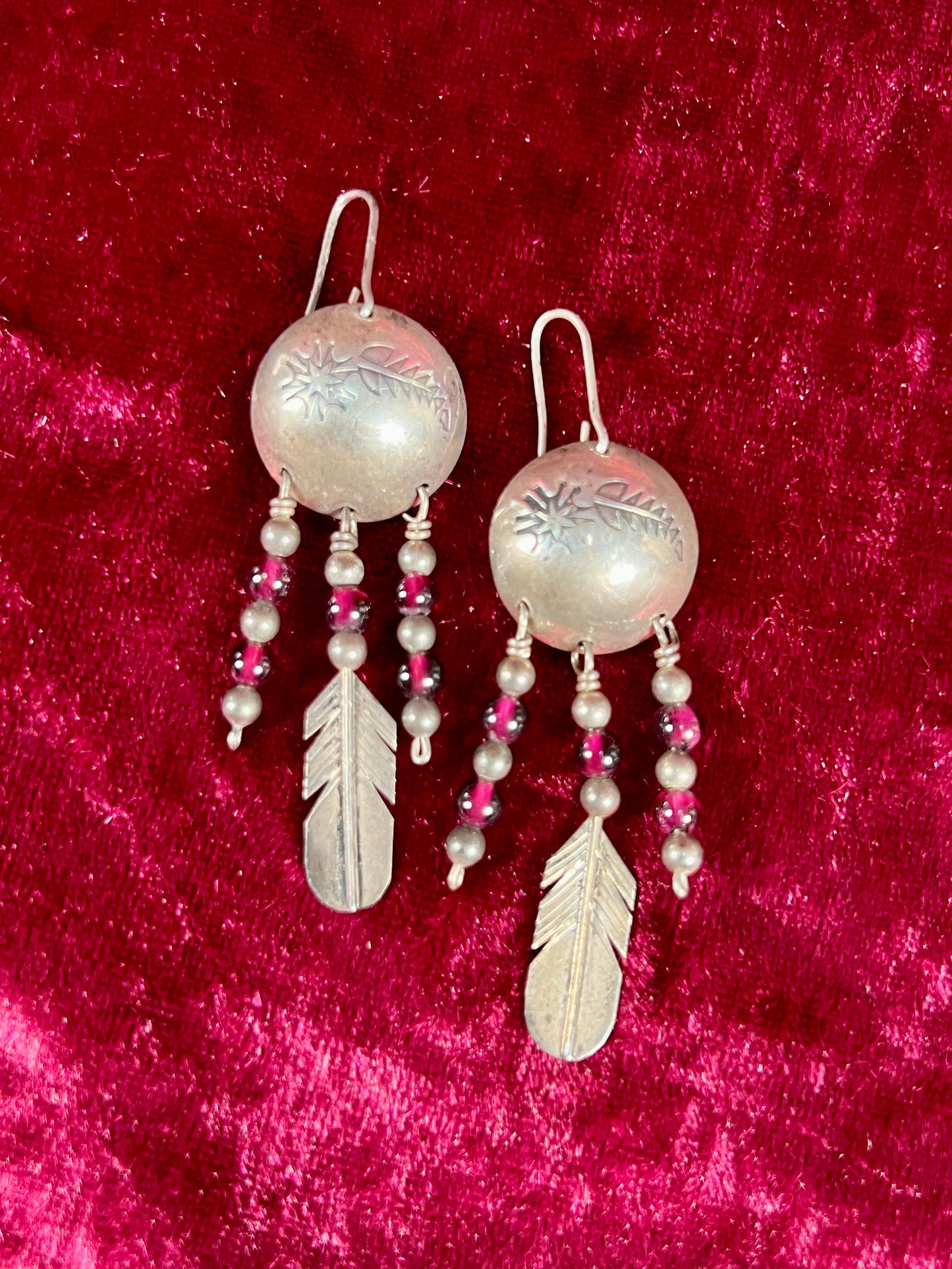 Vintage Jewelry - Dangle / Drop Earrings - Sterling Silver - Conchos with Red Beads and Feathers