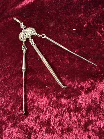 Antique Sterling Silver Opium Chatelaine – Twin Koi Fish and Monkey - Late Qing Dynasty