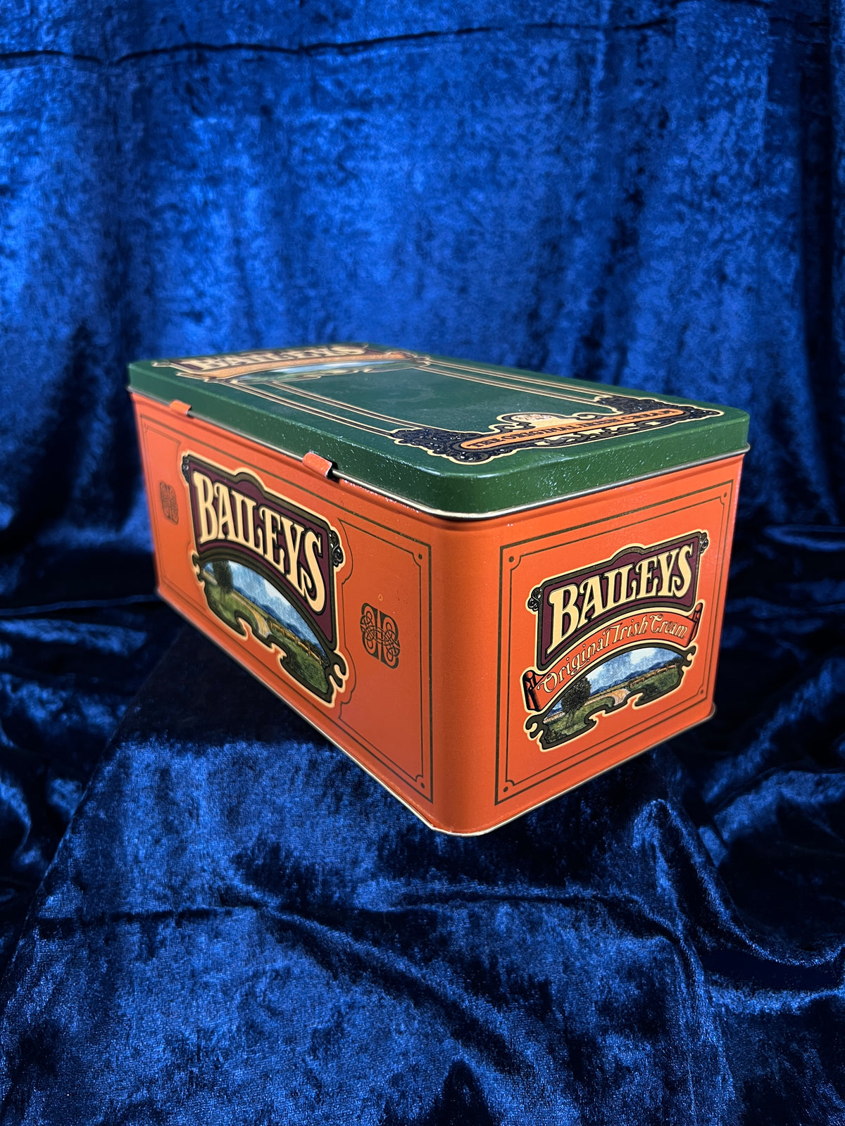 Vintage Baileys Irish Cream Metal Tin - Green Orange Hinged Advertising Box