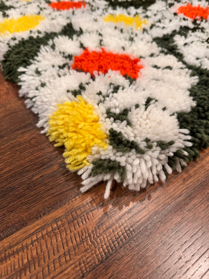 Vintage 1970s Groovy Floral Daisy Latch Hook Shag Rug Art