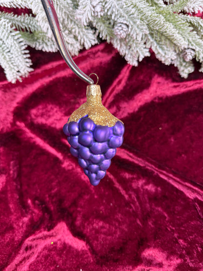 Vintage Christmas - Handblown Glass Ornament - Purple Grape Cluster with Gold Glitter