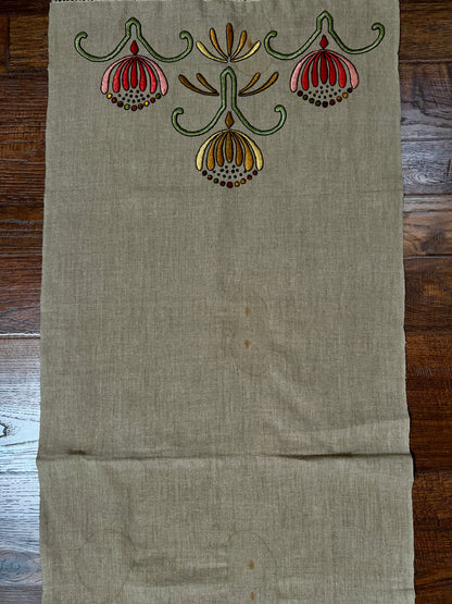 Vintage Linen Table Runner - Hand Embroidered Art Deco Florals Crochet Lace Fringe
