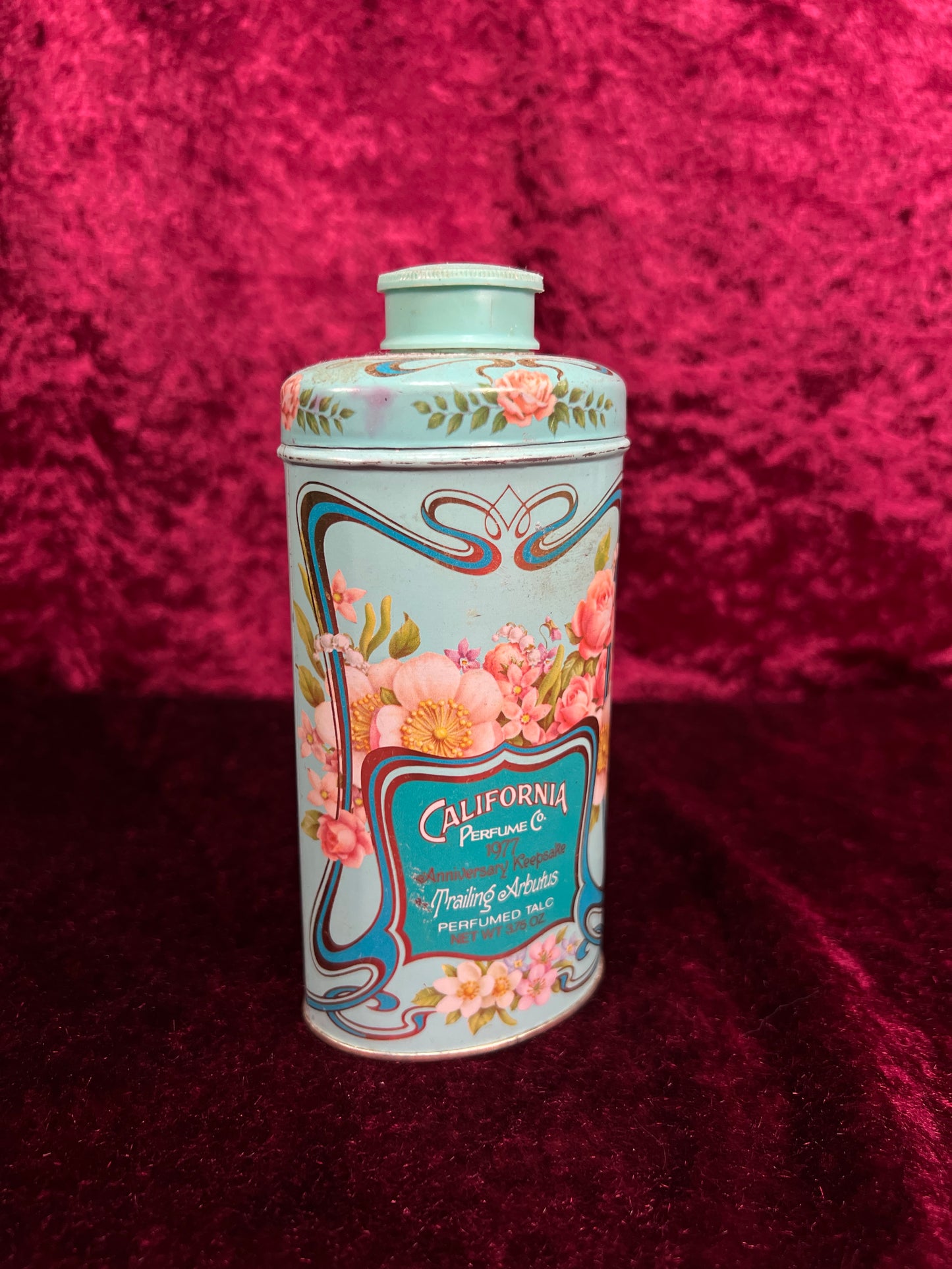 Vintage 1977 Avon Metal Talc Tin – California Perfume Co. Trailing Arbutus Floral Keepsake