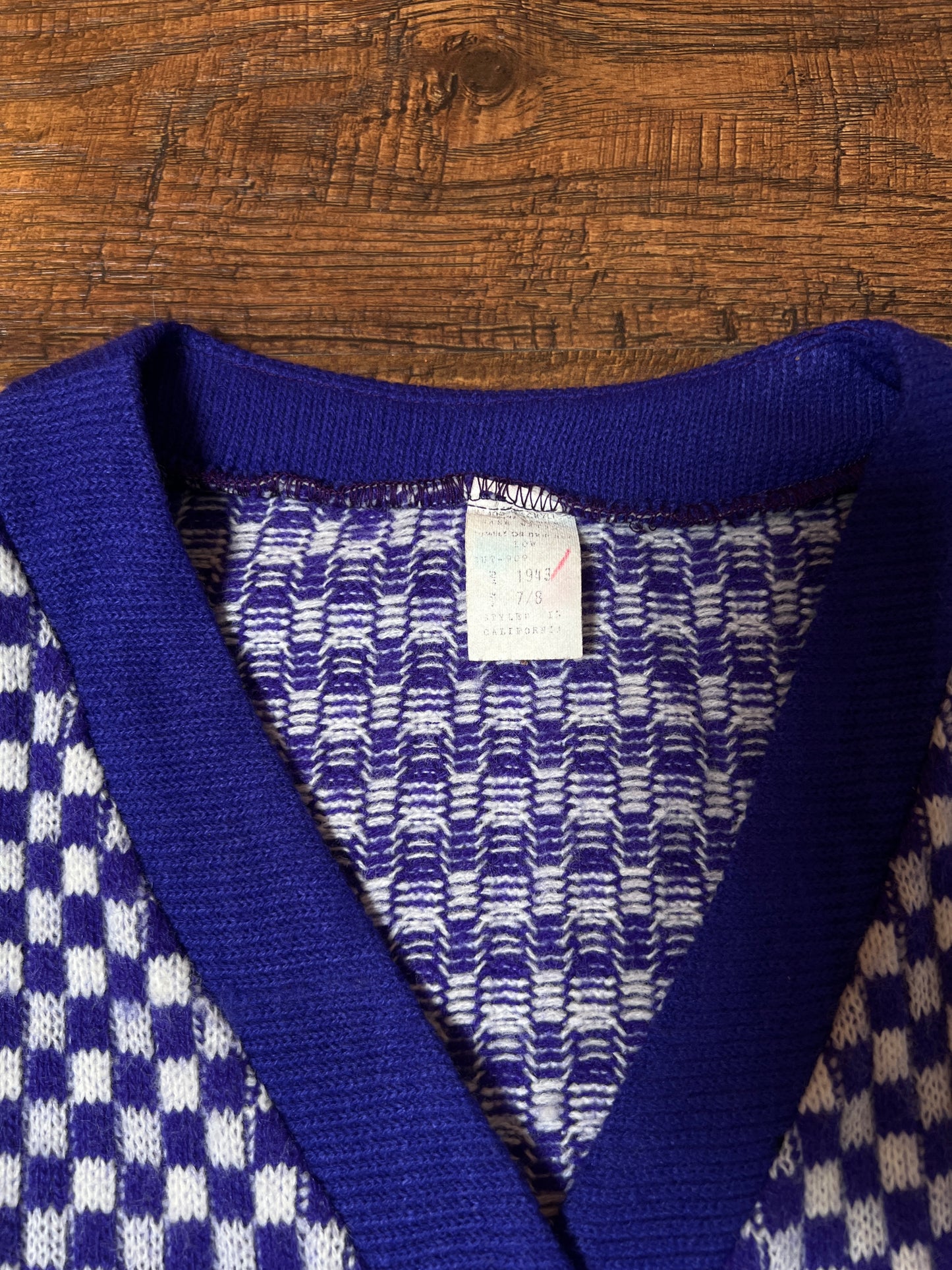 Vintage Acrylic Cardigan - Purple White Checkered Knit Button Front Sweater - Small