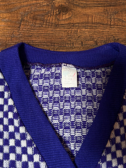Vintage Acrylic Cardigan - Purple White Checkered Knit Button Front Sweater - Small