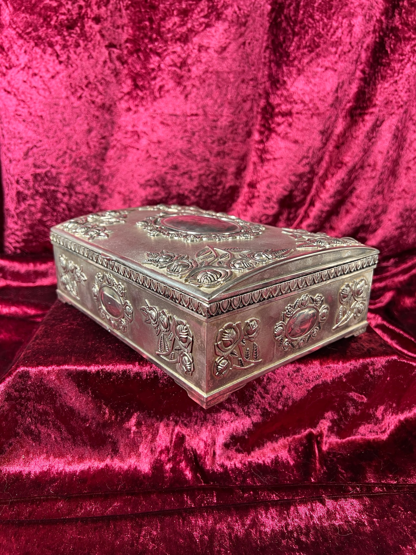Vintage Vanity - Large Jewelry Box - Ornate Silver Rose Filigree - Red Felt Lining