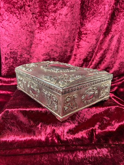 Vintage Vanity - Large Jewelry Box - Ornate Silver Rose Filigree - Red Felt Lining
