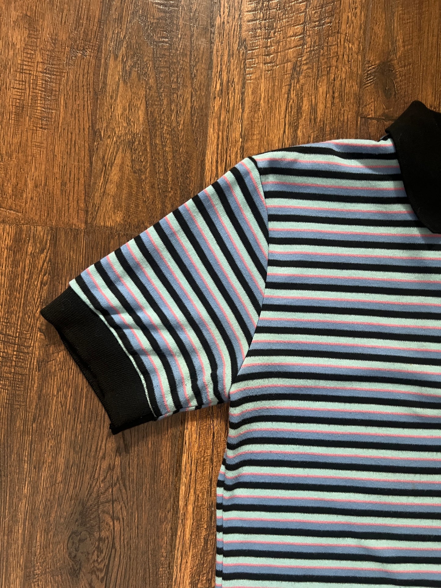 Vintage Yves Saint Laurent Striped Polo Shirt - Blue Black Short Sleeve - Medium