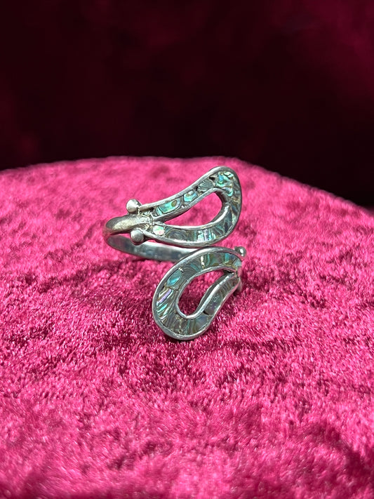 Vintage Jewelry - Bypass Ring - 925 Silver - Inlaid Abalone Shell - 7 - Mexico