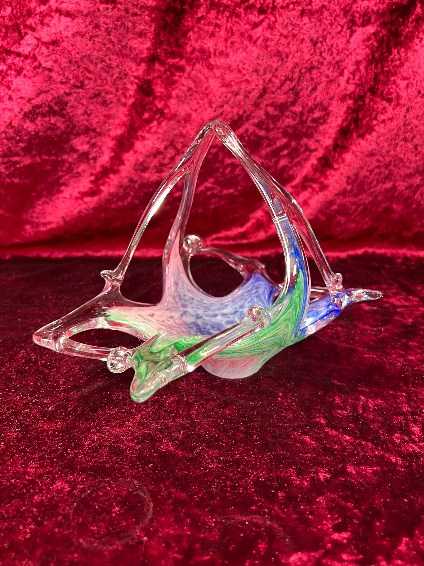 Vintage Art Glass - Glass Basket Candy Bowl - Blue, Green, and Pink - Murano