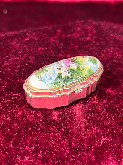 Vintage Vanity - 2-Compartment Pill Box - Silver Tone - Enamel Lid - Kissing Prince and Princess