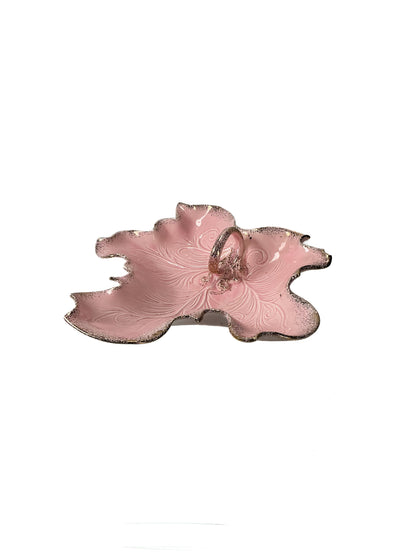 Vintage California Pottery - 1950s Pink and Gold Ceramic Leaf Bowl Dish w/ Loop Handle - Large