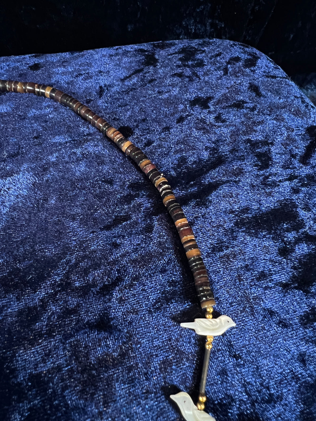 Vintage Zuni Heishi Fetish Necklace - Shell and Mother of Pearl Birds Sterling Silver Clasp