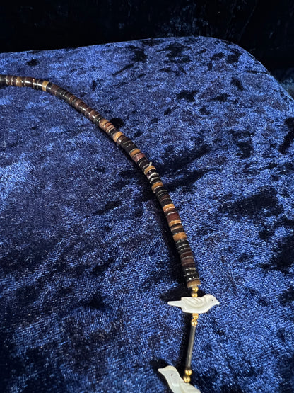 Vintage Zuni Heishi Fetish Necklace - Shell and Mother of Pearl Birds Sterling Silver Clasp