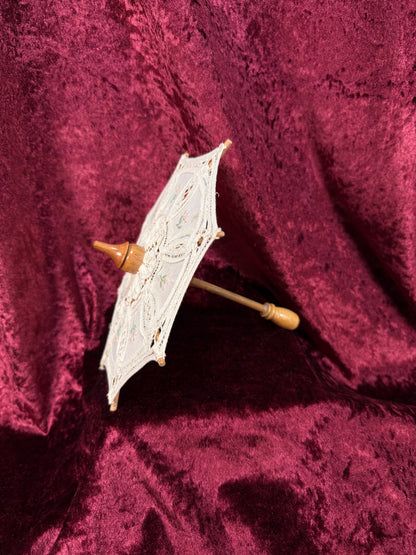 Vintage Miniature Parasol – Hand Embroidered Rossettes with Lace Accents