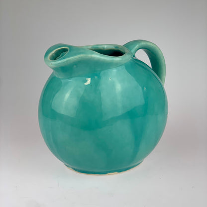 1940s Aqua Blue Slant Ball Pitcher w/ Ice Lip - Marked USA