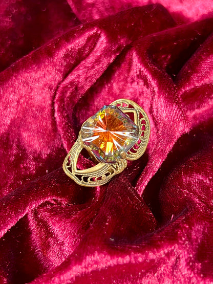 Vintage Jewelry - Adjustable Cocktail Ring - Brass - Aurora Borealis Crystal - West Germany