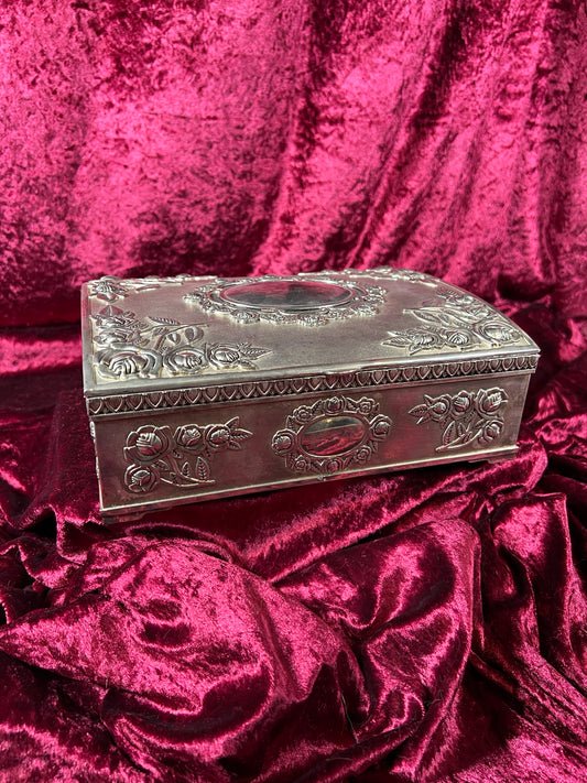 Vintage Vanity - Large Jewelry Box - Ornate Silver Rose Filigree - Red Felt Lining