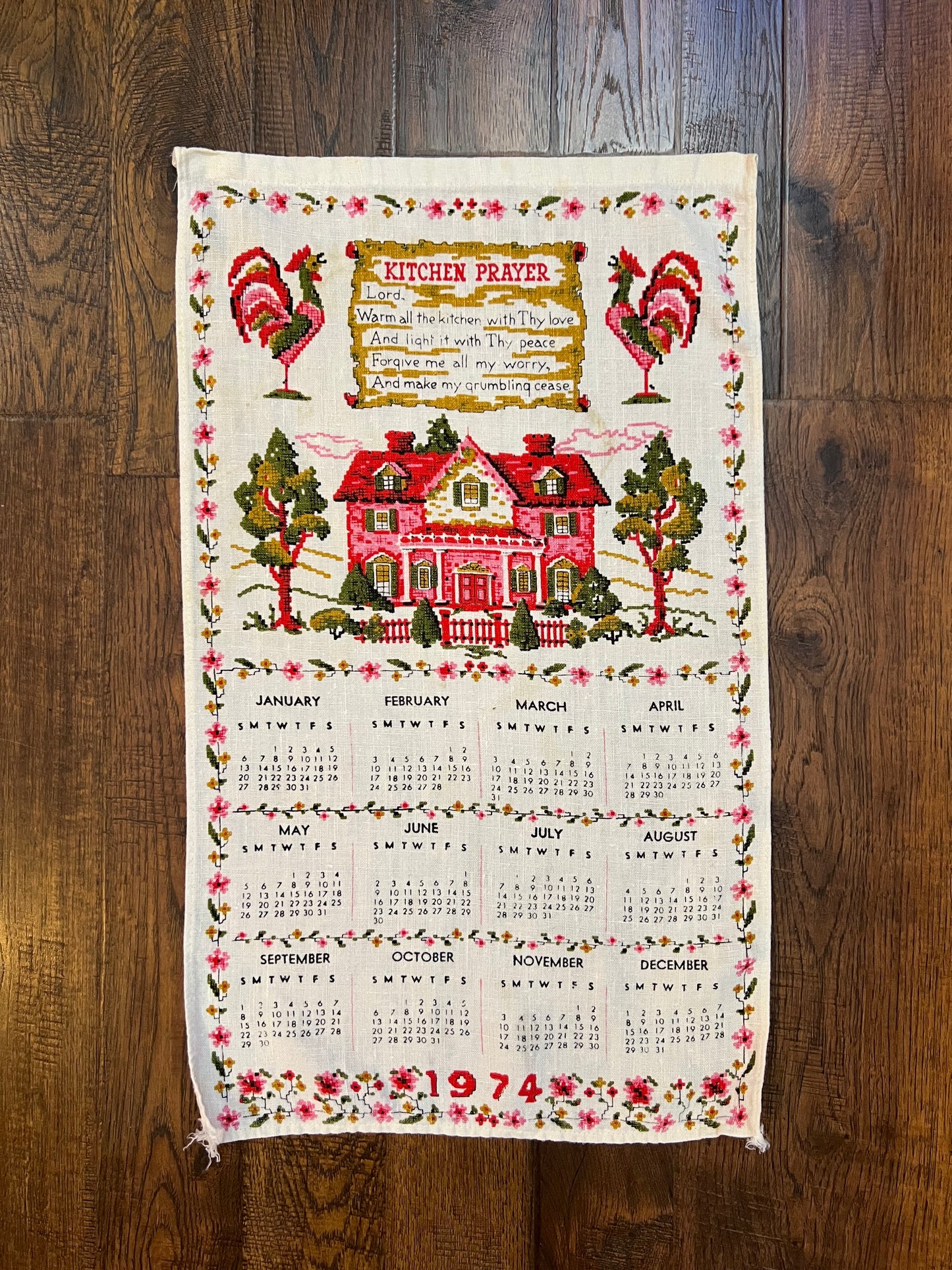 Vintage Linens - Tea Towel - Groovy Pink Kitchen Prayer - 1974 Calendar